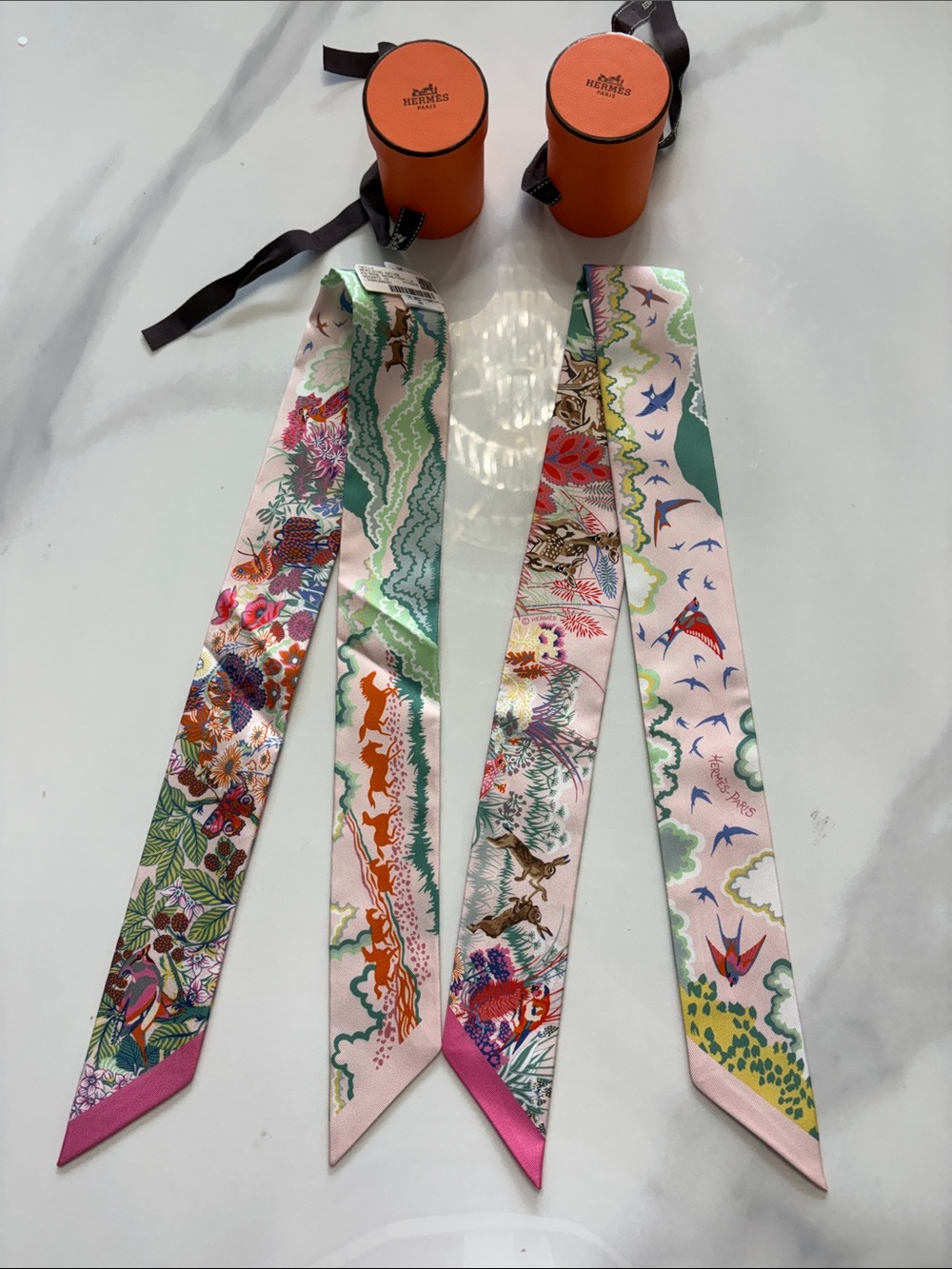 Hermes rewilding Pink Multicolor Silk Twilly Scarf - Set of 2